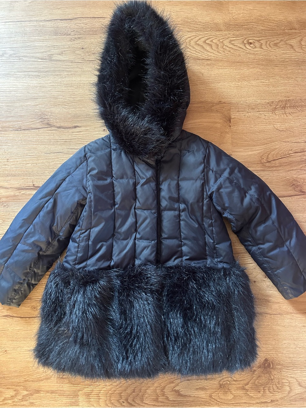 J. Crew Girls Black Quilted Puffer Coat with Faux Fur Trim
